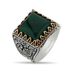 OTTASILVER Square Men Ring in Silver with Green Agate Stone Luxury Agate Men's Ring For Formal Occasions, Flower Engagement Party, Turkey Jewelry, Signet Ring For Men, Punk Rings, Warrior Ring, Big Stone Ring, Black Stone Ring, Carved Ring