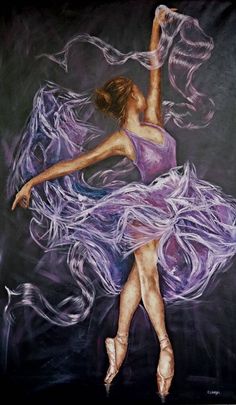 a painting of a woman in a purple dress with her arms up and legs spread out