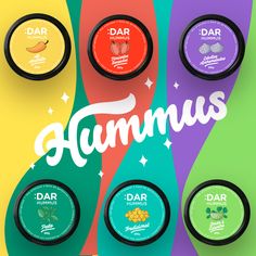 four different flavors of hummus are shown on a colorful background with the word, dar