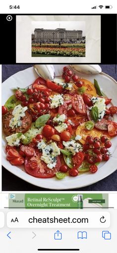 a plate with tomatoes and cheese on it next to an instagram post about the royal residence