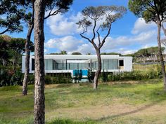 the house is surrounded by trees and grass