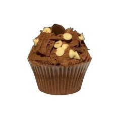 a cupcake with chocolate frosting and banana slices on top, sitting in front of a white background