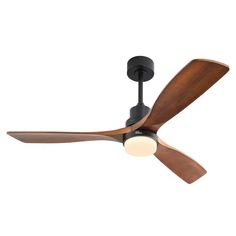 a ceiling fan with two wooden blades and a light on the top of it's blades