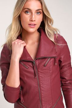 Lulus Exclusive! Weekday or not, spice up the night with the Lulus Up on a Tuesday Burgundy Vegan Leather Jacket! This sleek moto jacket has a collared neckline, long sleeves with zipper cuffs, and eye-catching top-stitching throughout. Gunmetal zippers provide a centered front zipper, decorative zipper pockets, and horizontal zips above the hem. Fit: This garment fits true to size. Length: Size small measures 20" from shoulder to hem. Bust: Great for any cup size. Waist: Loosely Fitted. Fabric: Fitted Collared Biker Jacket For Fall, Fitted Long Sleeve Biker Jacket For Fall, Fitted Collared Leather Jacket With Zipper, Fitted Collared Leather Jacket With Zipper Closure, Fitted Leather Jacket With Collar And Zipper, Long Sleeve Biker Jacket With Zip Fly For Fall, Fall Biker Jacket With Zipper Closure For Night Out, Fall Leather Jacket For Night Out, Leather Jacket With Zipper Closure