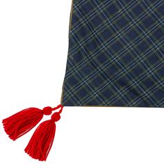 a blue and green tarp with red tassels on the end, sitting next to a white background