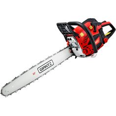 a red and black chainsaw on a white background