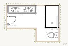 the floor plan for a bathroom with two sinks and a toilet