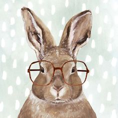 a watercolor painting of a rabbit wearing glasses on a polka dot background with white dots