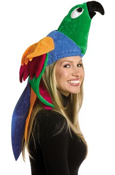 a woman wearing a colorful parrot hat