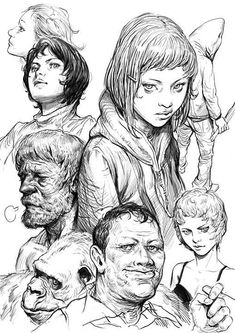 an ink drawing of some people and their faces