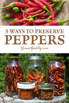 three jars filled with peppers sitting on top of a wooden table next to other vegetables