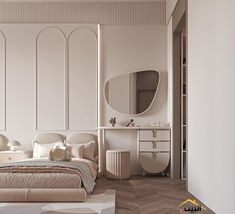 a bedroom with a bed, dresser and mirror on the wall next to an open closet