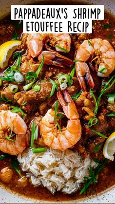 a bowl filled with shrimp and rice next to lemon wedges