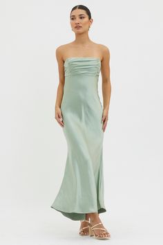 Shop the Moon Song Strapless Laced Back Dress Matcha | Selfie Leslie Fitted Bridesmaid Dress With Ruched Back, Prom Dress With Ruched Back, Midi Length, Midi Prom Dress With Ruched Back, Midi Length Prom Dress With Ruched Back, Bridesmaid Evening Dress For Prom Season With Bias Cut, Bias-cut Evening Dress For Prom Season, Ruched Strapless Dress For Wedding And Prom Season, Ruched Back Midi Dress For Prom, Prom Midi Dress With Ruched Back