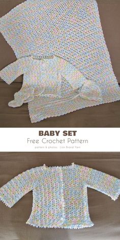 crochet baby sweater pattern with text which reads, baby set free crochet pattern