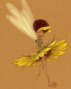 a drawing of a girl dressed as a banana fairy with wings and a flower in her hair