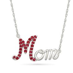 Express your love for Mom with this charming lab-created ruby necklace. Sterling silver The word "Mom" is sculpted in a cursive script font at the center Bright red lab-created rubies line the first letter 18.0-inch rope chain necklace; spring-ring clasp Red Sterling Silver Birthstone Necklace For Anniversary, Red Personalized Jewelry For Mother's Day, Personalized Red Jewelry For Mother's Day, Red Sterling Silver Jewelry As Gift For Mom, Red Sterling Silver Jewelry For Mom, Mother's Day Birthstone Pendant Necklace, Red Jewelry For Mother's Day Gift, Red Jewelry For Mother's Day Anniversary, Red Jewelry For Anniversary On Mother's Day