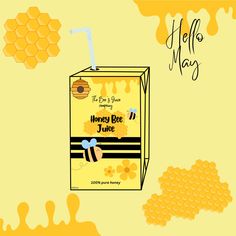 a honey bee juice carton with the words hello may on it