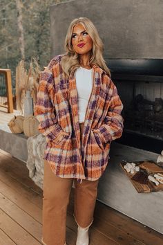 Cozy Orange Long Sleeve Outerwear, Oversized Purple Outerwear For Fall, Cozy Orange Winter Outerwear, Cozy Orange Outerwear For Fall, Purple Collared Winter Outerwear, Rust Long Sleeve Outerwear For Fall, Orange Button-up Winter Outerwear, Orange Button-up Outerwear For Winter, Long-sleeved Rust Outerwear For Winter