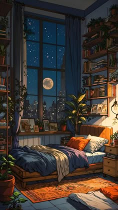 a bedroom with a bed, desk and window overlooking the city at night or dawn