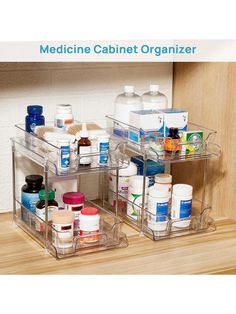 two clear shelves with medicine bottles and containers on them