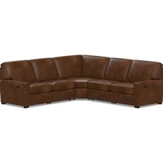 a brown leather sectional couch with two reclinings on the back and one end facing it