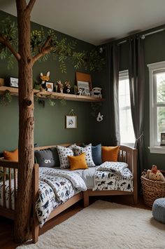 Green Childs Bedroom, Boy Forest Bedroom, Hunting Bedroom For Boys, Green Bedroom Kids, Woodland Toddler Room Boys, Woodland Bedroom Ideas, Farm Bedroom Ideas For Boys, Green Toddler Room Boy, Boys Outdoor Theme Bedroom Green Childs Bedroom, Woodland Home Aesthetic, Dark Kids Bedroom, Toddler Boy Dinosaur Room Ideas, Whimsical Boys Room, Toddler Woodland Bedroom, Woodland Toddler Room Boys, Toddler Boy Dinosaur Room, Emerald Library