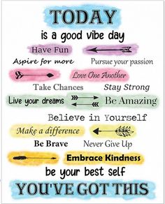 a poster with words and arrows on it that say, today is a good vibe day