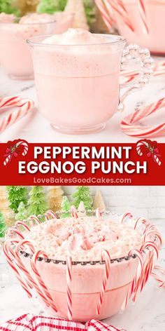 peppermint eggnog punch in a bowl with candy canes