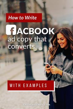 a woman texting on her phone with the words facebook ad copy that converts