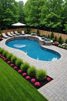 a backyard with a swimming pool surrounded by landscaping