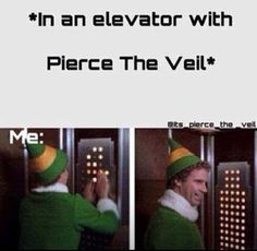 a man wearing a green and yellow hat next to an elevator with the words, in an elevator with pierce the veil