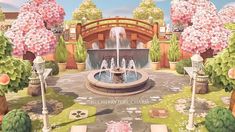 an animated image of a fountain surrounded by trees and bushes with pink flowers in the foreground