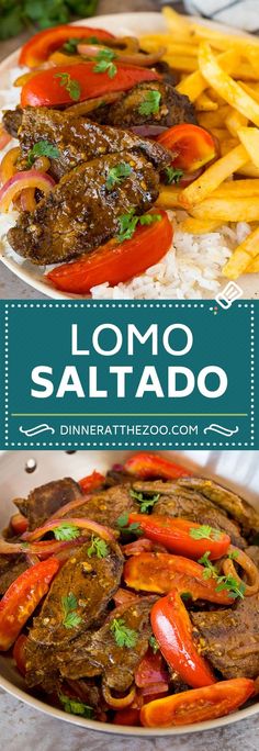 a plate full of food with the words lomo sallado on it and french fries