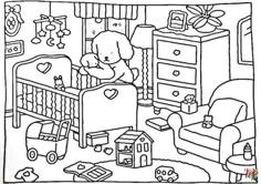 a black and white drawing of a child's room