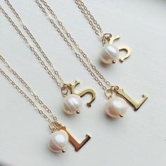 Bridesmaid Necklace Set of 4 Four Pearl Bridesmaid Jewelry | Etsy Personalized Gold Pearl Necklace For Wedding, Gold Initial Pendant Pearl Necklace, White Initial Pendant Necklace For Wedding, Personalized Pearl Necklace For Wedding, Gold Initial Necklace For Wedding And Mother's Day, Gold Initial Necklace For Wedding On Mother's Day, Elegant Gold Initial Necklace For Bridesmaids, Elegant Initial Necklace For Bridesmaid Gift, Delicate Gold Initial Necklace For Wedding