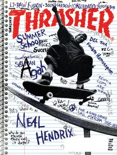 a drawing of a skateboarder jumping in the air with words written all over him