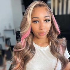 Pink Highlights In Brown Hair, Custom Color Wigs, Balayage On Brown Hair, Brown Hair Wigs, Pink Balayage, Natural Hairstyle, Exotic Dance, Blonde With Pink, Hair Patterns