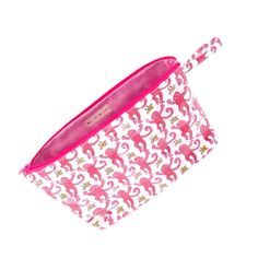 a pink and white cosmetic bag with flamingos on the front, in an ornate pattern