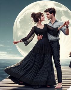 a man and woman dancing on a pier with the moon in the sky behind them