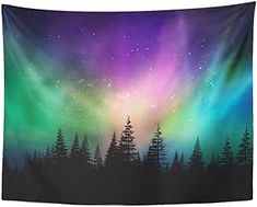 an aurora bore tapestry hanging on a wall in front of a forest filled with trees