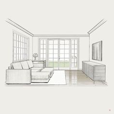 a line drawing of a living room with couches and a flat screen tv on the wall