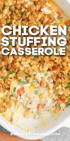 chicken stuffing casserole in a white dish with text overlay