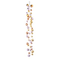 a multicolored beaded necklace hanging from a string on a white background with space for text