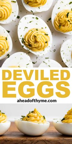 deviled eggs with mustard and parsley in white bowls on a wooden board next to other deviled eggs