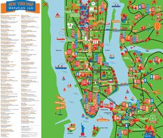 a map of new york city with all the major landmarks and attractions on it's side