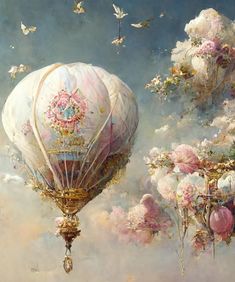 a painting of a hot air balloon flying in the sky with flowers and butterflies around it