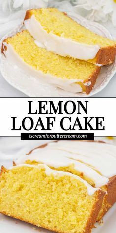 lemon loaf cake with white icing on a plate and in the background there is a slice cut out