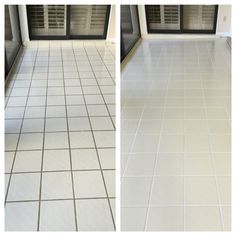 before and after photos of a white tile floor cleaning service in the kitchen, from top to bottom