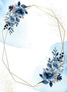 blue flowers and gold geometric frame on a watercolor painted background with space for text